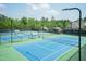 Community tennis courts with bright blue surface and green trim surrounded by lush trees at 3836 Prince Noah Loop, Wake Forest, NC 27587