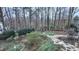 A backyard view of a landscaped yard surrounded by a forest, with a stepping stone path and wooded bridge at 6317 Lakeland Dr, Raleigh, NC 27612