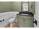 Stylish bathroom features a modern vanity, a decorative mirror, and a toilet with olive green walls at 83 Nottoway Lane, Wendell, NC 27591