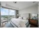 Bedroom featuring city views from floor-to-ceiling windows, with an upholstered bed, side tables, and area rug at 110 N Corcoran St # 2304, Durham, NC 27701