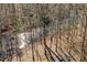 A view of a backyard with a lakeside fire pit surrounded by trees, creating a serene outdoor space at 209 Democracy Pl, Apex, NC 27523