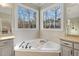 Bright bathroom featuring a soaking tub surrounded by windows offering views of nature at 209 Democracy Pl, Apex, NC 27523