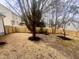 Spacious backyard with a wooden fence, mulch beds, and a large tree, offering ample space for outdoor activities at 3 Azzi Ct, Durham, NC 27703