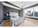 Bedroom with hardwood floors, gray accent wall, ceiling fan and large windows with great city views at 400 W North St # 730, Raleigh, NC 27603