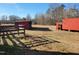 Exterior view of the red barn and fenced pasture, ideal for livestock and horses, set against a backdrop of mature trees at 7027 Old 421 Rd, Liberty, NC 27298
