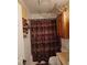 Bathroom with decorative bear-themed shower curtain and wood cabinet at 7027 Old 421 Rd, Liberty, NC 27298