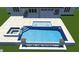 Overhead view of a custom pool design with a spa, sun shelf, and fire bowls at 436 Oakland Dr, Raleigh, NC 27609