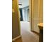 Hallway with carpet flooring, leading to an adjoining bedroom with blue walls at 6520 Thetford Ct, Raleigh, NC 27615