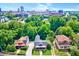 Aerial view of the houses in the neighborhood and the cityscape in the distance at 807 Vickers Ave, Durham, NC 27701
