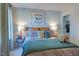 Bedroom with a double bed, bedside table, orange lamps and a print featuring a dog and 'Born To Be Wild' at 615 Contento Ct, Sanford, NC 27330