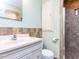 Bathroom with a white vanity, tiled walls, and a glass-door shower at 6609 Mountain Brook Ln, Raleigh, NC 27615