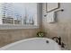 Close-up of the tub with a plant in the corner and a window at 198 Gentry Dr, Pittsboro, NC 27312