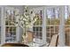Bright breakfast nook with a glass table and large windows overlooking the landscaped backyard and pool at 198 Gentry Dr, Pittsboro, NC 27312