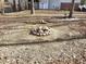 View of wooded backyard with fire pit and home in the background at 2024 Fox Den, Clayton, NC 27527