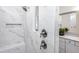Close-up of a marble-tiled shower featuring modern fixtures and a built-in niche at 294 Arcadius Dr, Clayton, NC 27520