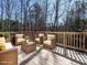 Outdoor deck with comfortable seating and views of the surrounding trees at 2218 Christian Light Rd, Fuquay Varina, NC 27526