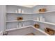 Walk-in pantry with white shelves and woven baskets for optimal storage space at 249 Tidal Pool Way, Cary, NC 27519