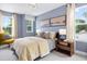 Bright bedroom featuring blue walls, a yellow patterned comforter, and two windows providing ample natural light at 343 Church St # 66, Wendell, NC 27591