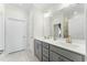 Bright bathroom featuring a double vanity with gray cabinets and modern fixtures plus a walk-in shower in the background at 1255 White Flint Cir, Durham, NC 27703