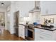 Modern kitchen featuring stainless steel appliances, white cabinetry, and dark countertops at 3343 Ridgecrest Ct, Raleigh, NC 27607
