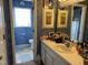 Bathroom featuring a white vanity, decorative painting, and view into the toilet and shower area at 711 Weathervane Way, Rocky Mount, NC 27803