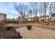 Landscaped backyard with a fire pit, patio, well-maintained lawn, and mature trees, great for entertaining at 1421 Sweetclover Dr, Wake Forest, NC 27587