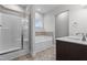 Bathroom featuring a shower, separate soaking tub, and a vanity with a vessel sink at 229 S Prince Henry Way Way, Cameron, NC 28326
