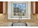 Kitchen sink with granite countertops and a view of the backyard trees and a neighboring house at 5204 Winter Holly Ct, Raleigh, NC 27606