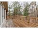 Wooden deck with railing overlooking a serene wooded backyard setting at 5512 Spring Bluffs Ln, Raleigh, NC 27606
