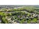An aerial view of a neighborhood showcases lush landscaping and waterfront views in this residential community at 638 Village Lake Dr, Mebane, NC 27302
