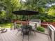Inviting backyard deck with an outdoor dining set, patio umbrella, and storage shed at 104 Pinecroft Dr, Raleigh, NC 27609