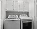 Clean laundry room with front-load washer and dryer and upper cabinets at 104 Pinecroft Dr, Raleigh, NC 27609