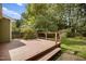 Spacious wooden deck offering an outdoor living space with a lush backyard view, perfect for relaxation and entertaining at 1512 Maybrook Dr, Raleigh, NC 27610
