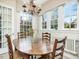 Cozy breakfast nook featuring a round table, chandelier, and a view from multiple large windows at 201 W Park Dr, Raleigh, NC 27605