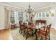 Elegant dining room featuring a large table with seating for eight, a chandelier, and large view windows at 201 W Park Dr, Raleigh, NC 27605