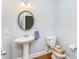 Half bath features a pedestal sink, round mirror, and wood floors at 532 Front Ridge Dr, Cary, NC 27519