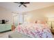 Cozy bedroom features a floral comforter, an ensuite bathroom and a ceiling fan at 10 Marchmont Ct, Durham, NC 27705
