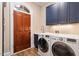 Convenient laundry room with modern appliances, blue cabinets, and wood door at 3605 Camp Mangum Wynd, Raleigh, NC 27612