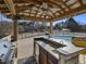 Backyard oasis with outdoor kitchen, grill, sink, and refrigerator alongside a swimming pool at 4709 Wyndchase Ct, Fuquay Varina, NC 27526