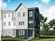 Modern townhome showcasing a two-story design with a mix of dark blue and white siding, complemented by lush green landscaping at 810 Hyperion Aly, Wake Forest, NC 27587