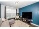 Cozy living room with blue accent wall, comfortable seating, and a modern entertainment center at 1127 Sweet Cream Ct, Durham, NC 27703