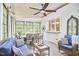 Spacious sun room showcasing dining and sitting area with lots of natural light and stylish ceiling fan at 407 Crickentree Dr, Cary, NC 27518