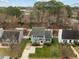 Aerial view of a two-story light blue home with a green roof, black shutters, and a well-maintained lawn at 8304 Bellingham Cir, Raleigh, NC 27615