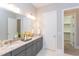 Bathroom with double sink vanity, granite counters, modern lighting, and a walk-in closet at 9517 Wood River Dr, Zebulon, NC 27597