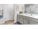 Bright bathroom featuring double sinks, gray cabinets, and modern fixtures at 1910 Frost Dr, Haw River, NC 27258