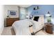Stylish bedroom with blue accent wall, skateboard decor, and bright natural light at 1910 Frost Dr, Haw River, NC 27258