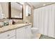 Well-lit bathroom featuring a granite countertop, white cabinetry, a large mirror, and a shower with a white curtain at 200 S Dawson St # 103, Raleigh, NC 27601