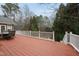 Spacious deck with a dining set and white railings overlooking the wooded backyard at 204 Brittany Pl, Cary, NC 27511