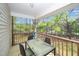 Enjoy the outdoors from this balcony overlooking a beautiful wooded lot, complete with table and chairs at 521 Renshaw Ct, Cary, NC 27518