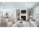 Bright, open-concept living room with fireplace, plush seating, and hardwood floors perfect for relaxation at 5635 Paragon Cir, Durham, NC 27712
